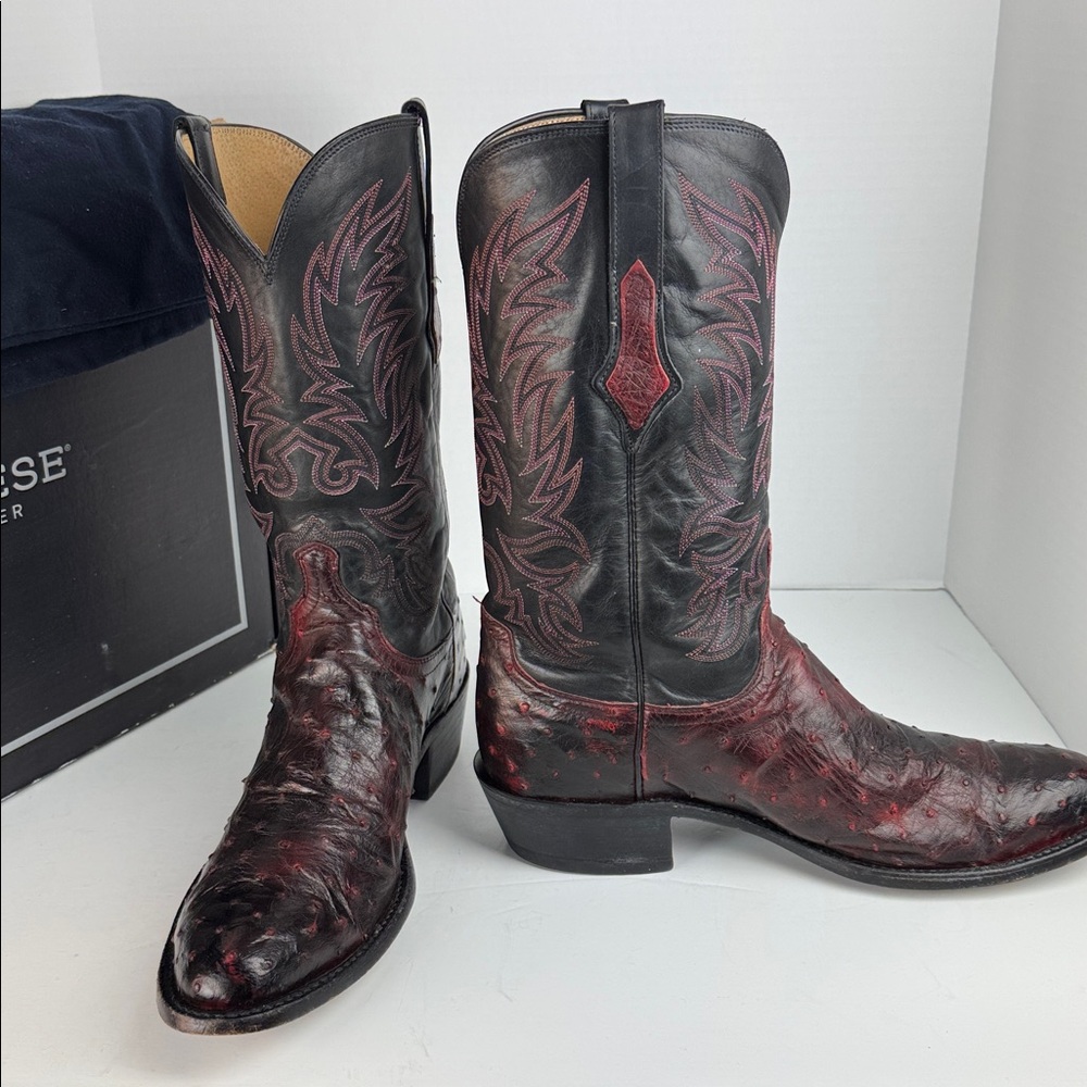 Lucchese Men's Elgin OSTRICH Black Cherry Western Boots SZ 12D w/box Rodeo Dress